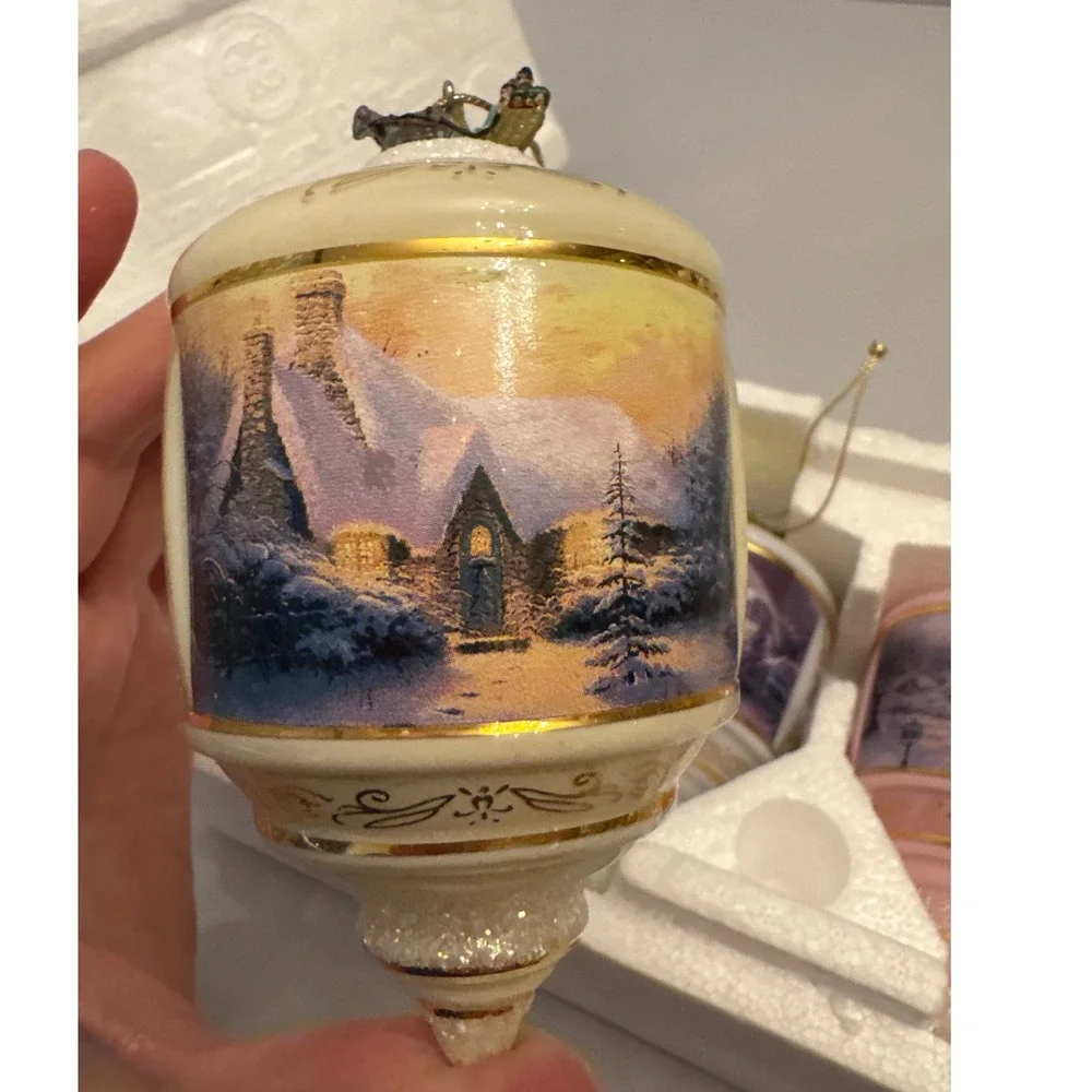 Bradford Editions Thomas Kinkade Christmas Ornaments‎ 3 Winter Village Sleigh